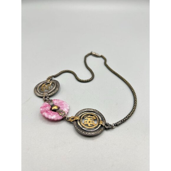 Asian Influenced Czech Glass Necklace Antique Pink Pressed Glass Necklace - Picture 12 of 16
